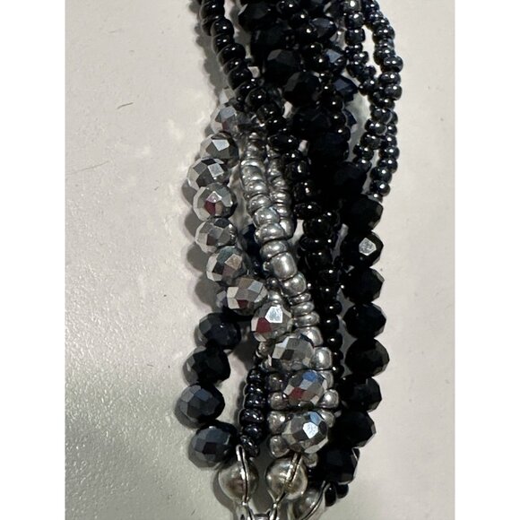 Multi Strand Bracelet Black Silver Tone Twist Beaded Magnetic Clasp Elegant - Picture 3 of 5
